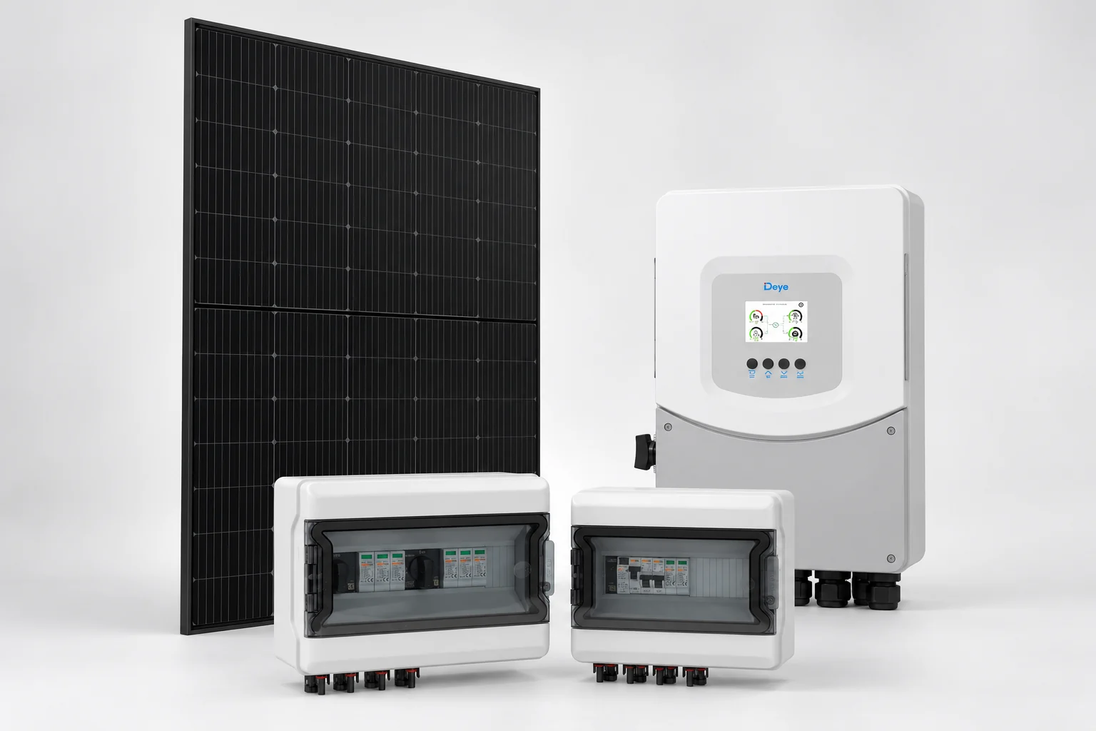 Pack photovoltaïque : panneau solaire 500 W, onduleur hybride Deye SG06 6 kW et coffrets AC et DC